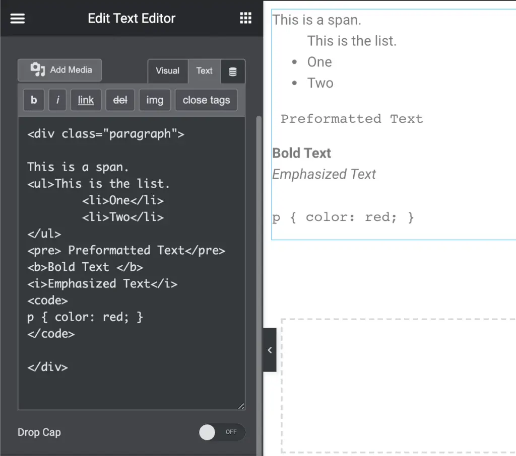Snapshot of Elementor' Text Editor widget with the text mode active