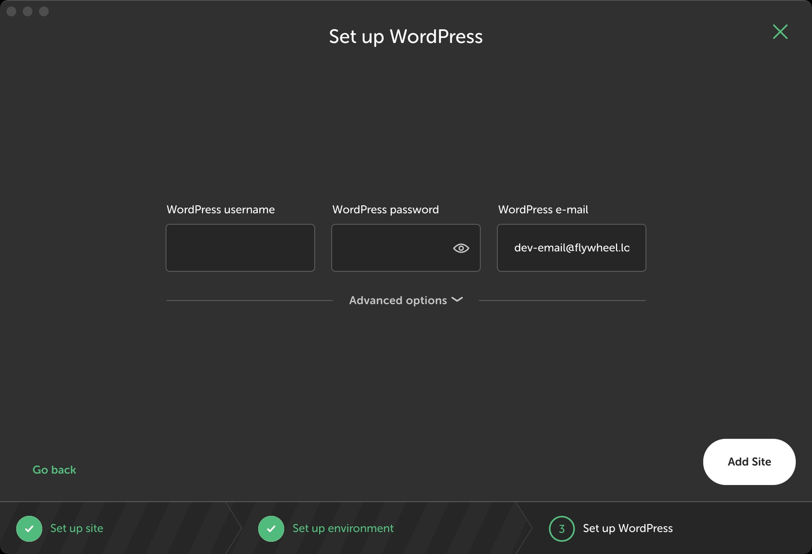 A screenshot of the fourth screen of Local By Flywheel is shown while creating a new site. 

There are two input fields for WordPress Username and WordPress Password.

These details will be used to log into the newly created WordPress site.
