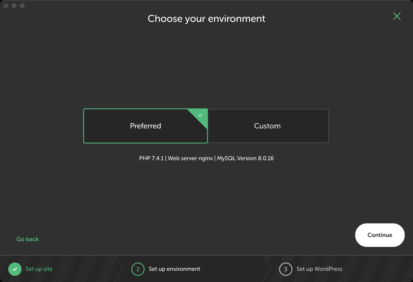 A screenshot of the third screen of Local By Flywheel is shown while creating a new site. There are two buttons to select the environment parameters of the site which are server, PHP and database. We are selecting default option that is preferred.